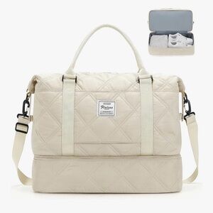 Cream Quilted Duffel Bag with Shoe Compartment